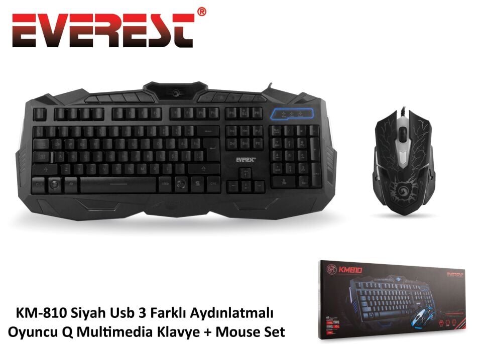 Everest Km-810 Siyah Q Usb Kablolu Multimedya Gaming Klavye Mouse Set 3 Farklı Aydınlatmalı