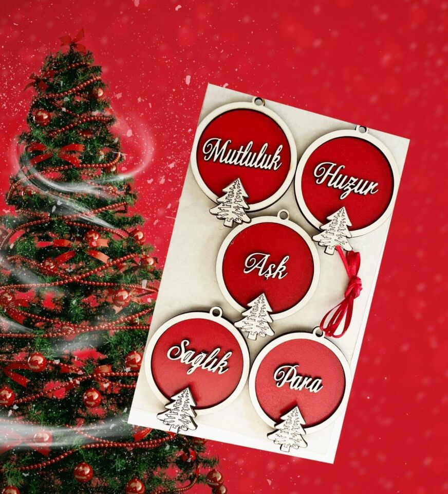 Nedi Ahşap Yeni Yıl Dilekleri Ağaç Süsü 5 Li Yl0740