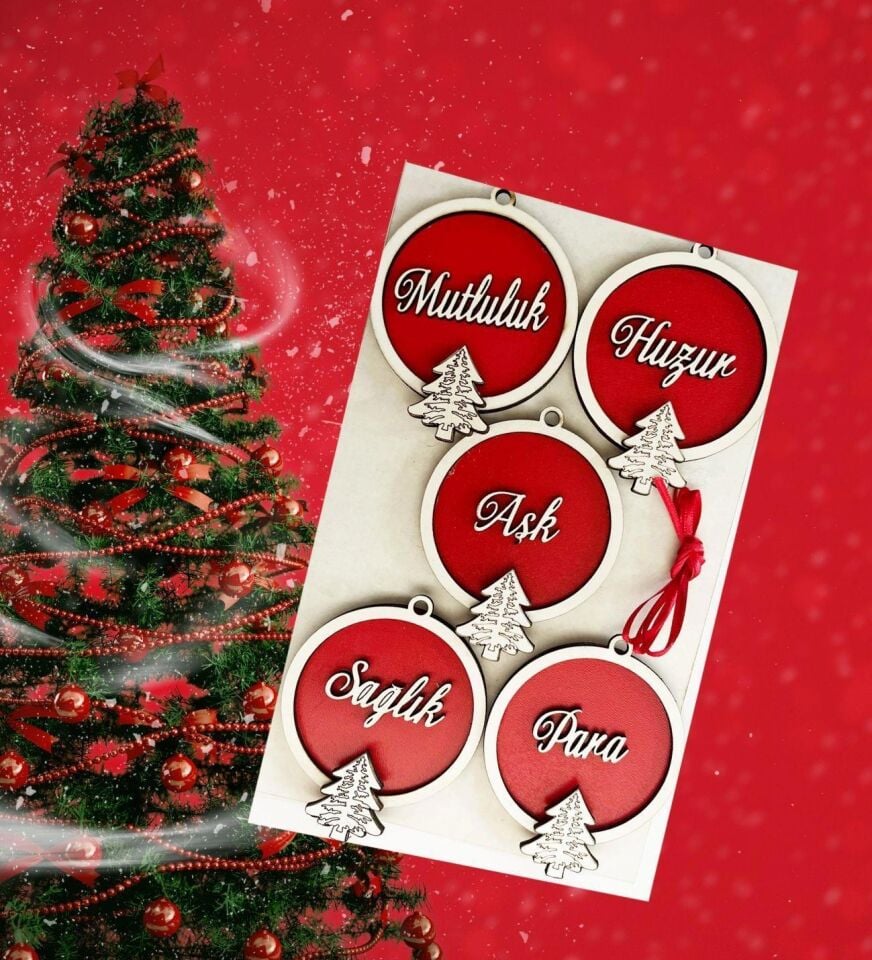 Nedi Ahşap Yeni Yıl Dilekleri Ağaç Süsü 5 Li Yl0740