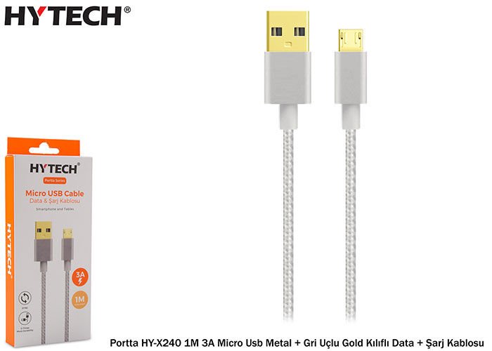 Hytech Portta Hy-x240 1m 3a Micro Usb Kılıflı Gri Data + Şarj Kablosu