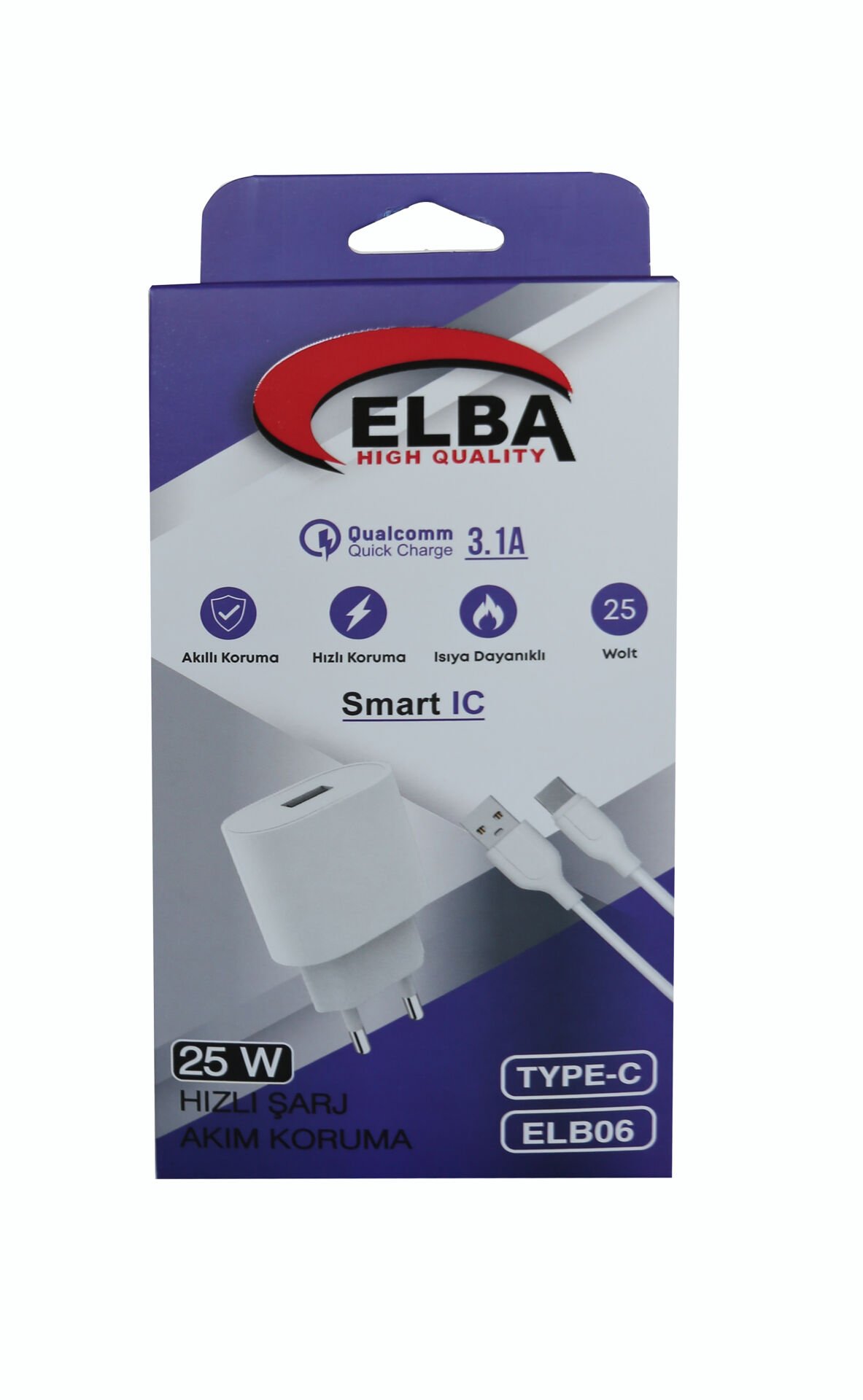 Elba Elb06-usb-25wtypc Beyaz Usb 25w Şarj Kafa+1mt Usb Type-c Kablo Qc4.0 (akım Koruma-hızlı Şarj)