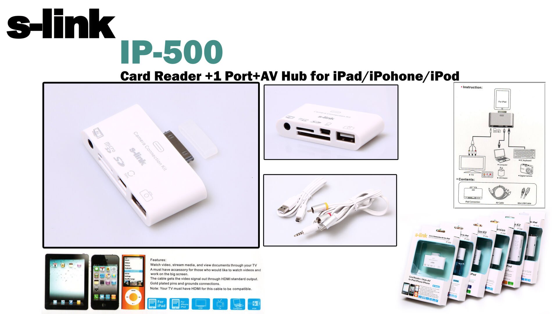 S-link Ip-500 Ipod-iphone-ipad 5in1 Av+kamera Kablosu