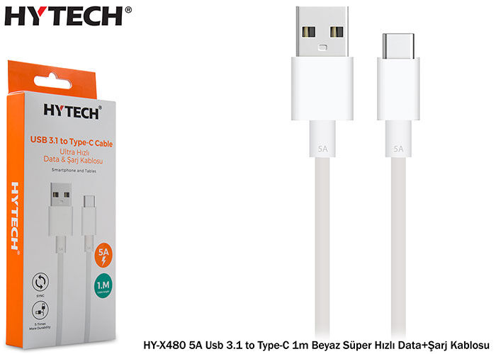 Hytech Hy-x480 5a Usb 3.1 To Type-c 1m Beyaz Süper Hızlı Data+şarj Kablosuu