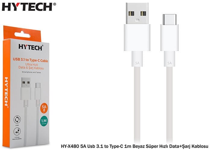 Hytech Hy-x480 5a Usb 3.1 To Type-c 1m Beyaz Süper Hızlı Data+şarj Kablosuu