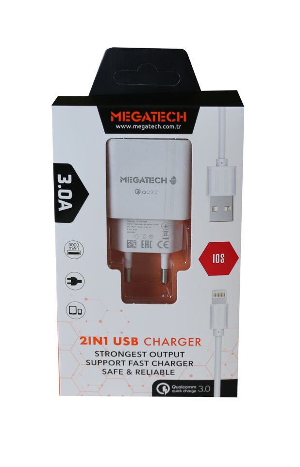 Megatech 3.0a Ev 2in1 Ev Şarj Kafa +iphone Şarj Kablo Hızlı Şarj