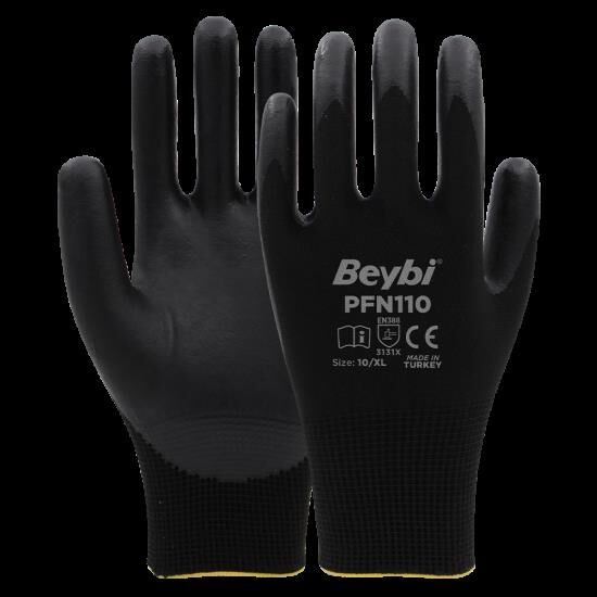 Pfn110 9 Beden Siyah Polyester Örgü Üzeri ½ Köpük Nitril Kaplı Eldiven 12li Paket En388 (3131x)
