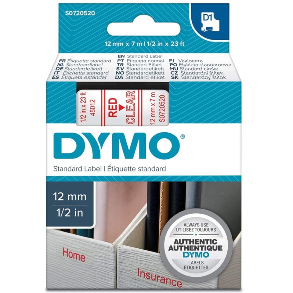 Dymo D1 Yedek Şerit 12 Mm X 7 Mt Şeffaf / Kırmızı (45012) Dy-0720520