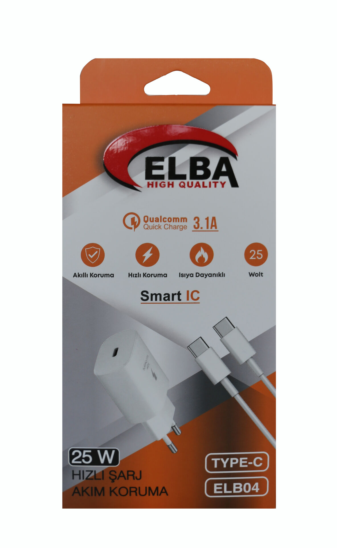 Elba Elb04-pd-25wtypc Beyaz 25w Usb-c Ev Şarj Kafa+1mt Type-c To Type-c Kablo Pd3.0-qc4.0 Hızlı Ş