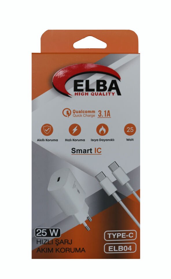 Elba Elb04-pd-25wtypc Beyaz 25w Usb-c Ev Şarj Kafa+1mt Type-c To Type-c Kablo Pd3.0-qc4.0 Hızlı Ş