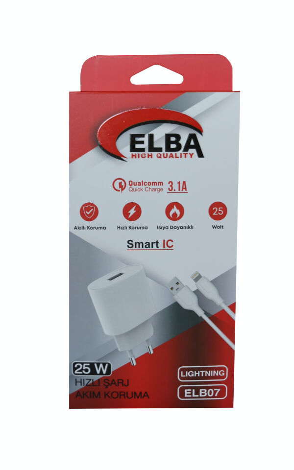 Elba Elb07-usb-25wios Beyaz 25w Usb Ev Şarj Kafa+ Usb 1mt Lightning Kablo Qc4.0 Hızlı Şarj