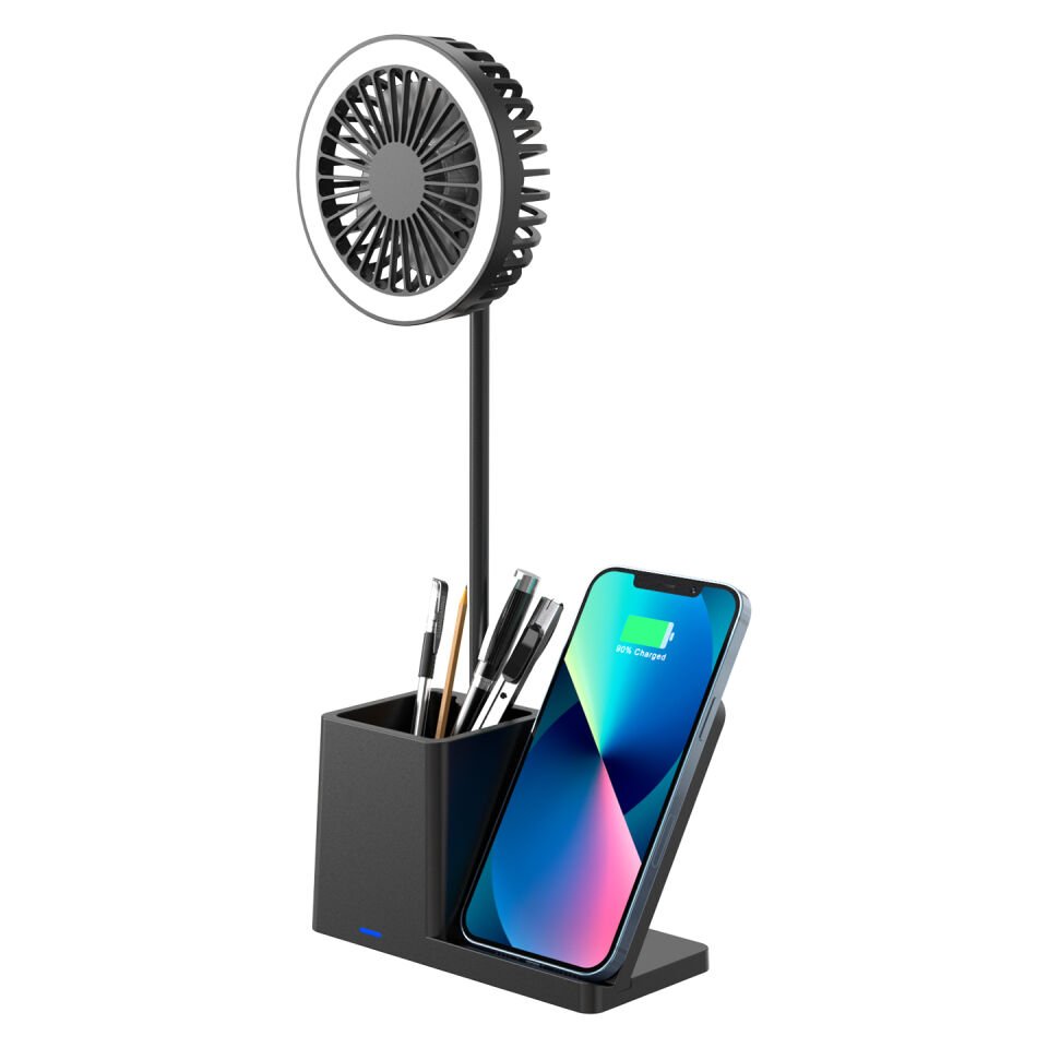 S-link Sl-m9055 Siyah Typec 10w Kablosuz Şarj Cihazı Fanlı Kalemlikli Masa Lambası