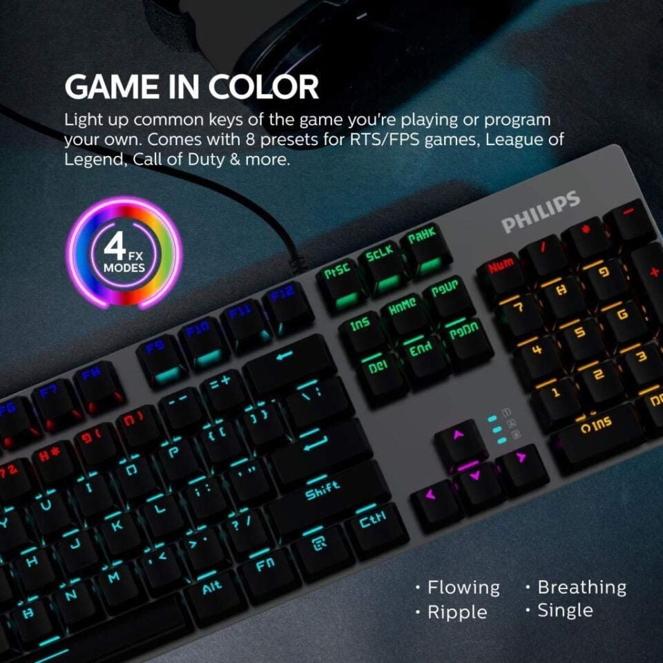 Philips Spk8404 Mekanik Gaming Oyuncu Klavyesi Rgb Led Işik (kablo Uzunluğu 1,60cm) Caps Lock Tuşu