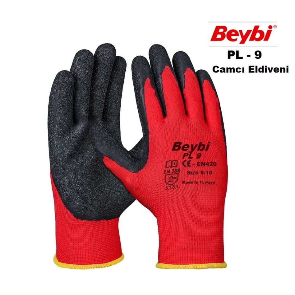 Beybi Nitril Poly Pl9 9 Beden Kırmızı Siyah İş Eldiveni 12li Paket Camcı Eldiveni