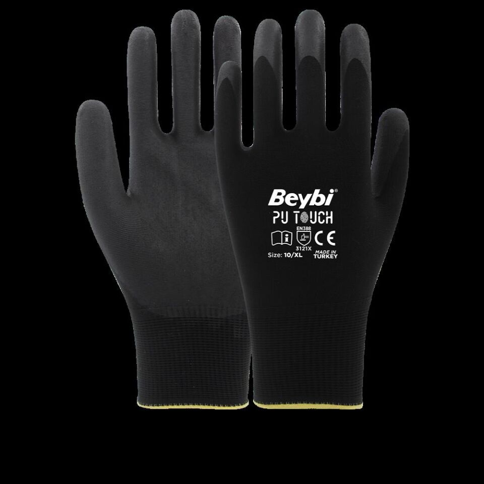 Beybi 7 Beden 12li Paket Poliüretan Kaplı Pu Touch Siyah Montaj Eldiven En388 (3121x)