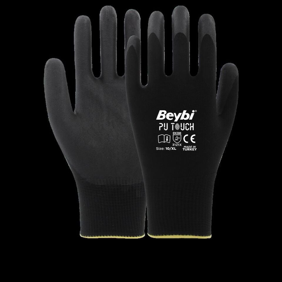 Beybi 7 Beden 12li Paket Poliüretan Kaplı Pu Touch Siyah Montaj Eldiven En388 (3121x)