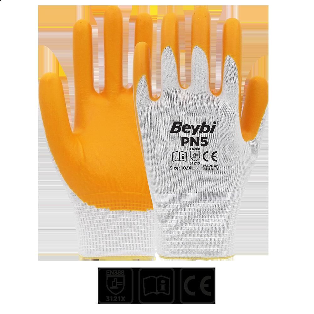 Beybi Nitril Pmk Pn5 Beyaz Sarı Örme Polyoster Nitril 9 Beden 12li Paket En388 (3121x)
