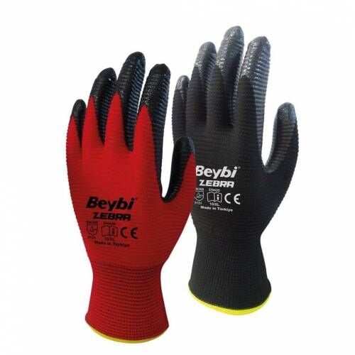Beybi Nitril Poly Pnzebra 9 Beden Kırmızı Siyah Eldiven 12li Paket En388 (3131x)