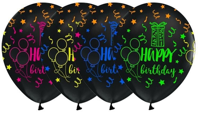Balonevi Çepeçevre Floresan Happy Bırthday Baskılı 12'' Siyah Balon (100'lü)