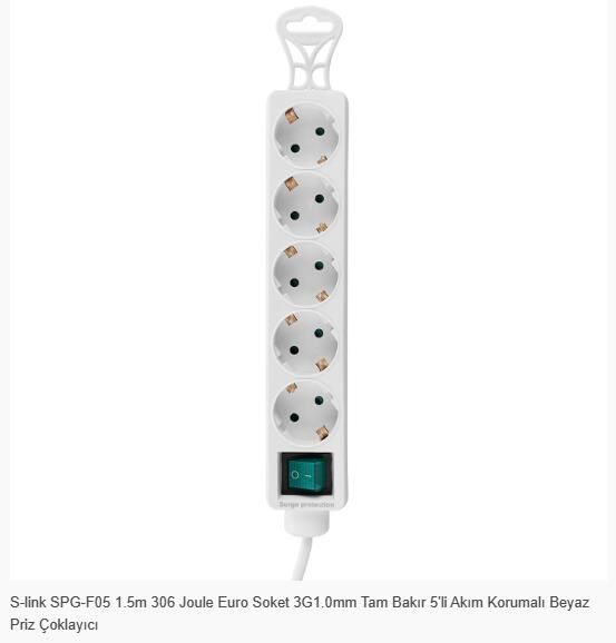 S-link Spg-f05 1.5m 306 Joule Euro Soket 3g1.0mm Tam Bakır 5li Akım Korumalı Beyaz Priz Çoklayıcı