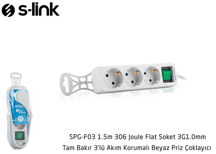 S-link Spg-f03 1.5m 306 Joule Flat Soket 3g1.0mm Tam Bakır 3 Lü Akım Korumalı Priz Çoklayıcı
