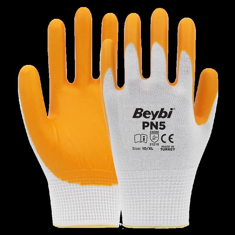 Beybi Nitril Pmk Pn5 Beyaz Sarı Örme Polyoster Nitril 10 Beden 12li Paket En388 (3121x)