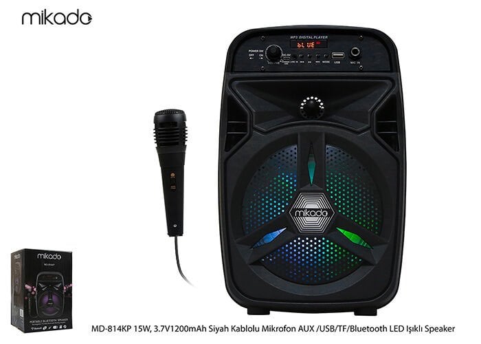 Mikado Md-814kp 15w,3.7v1200mah Siyah Kablolu Mikrofon Aux -usb-tf-bluetooth Fm'li Led Işıklı Anfi