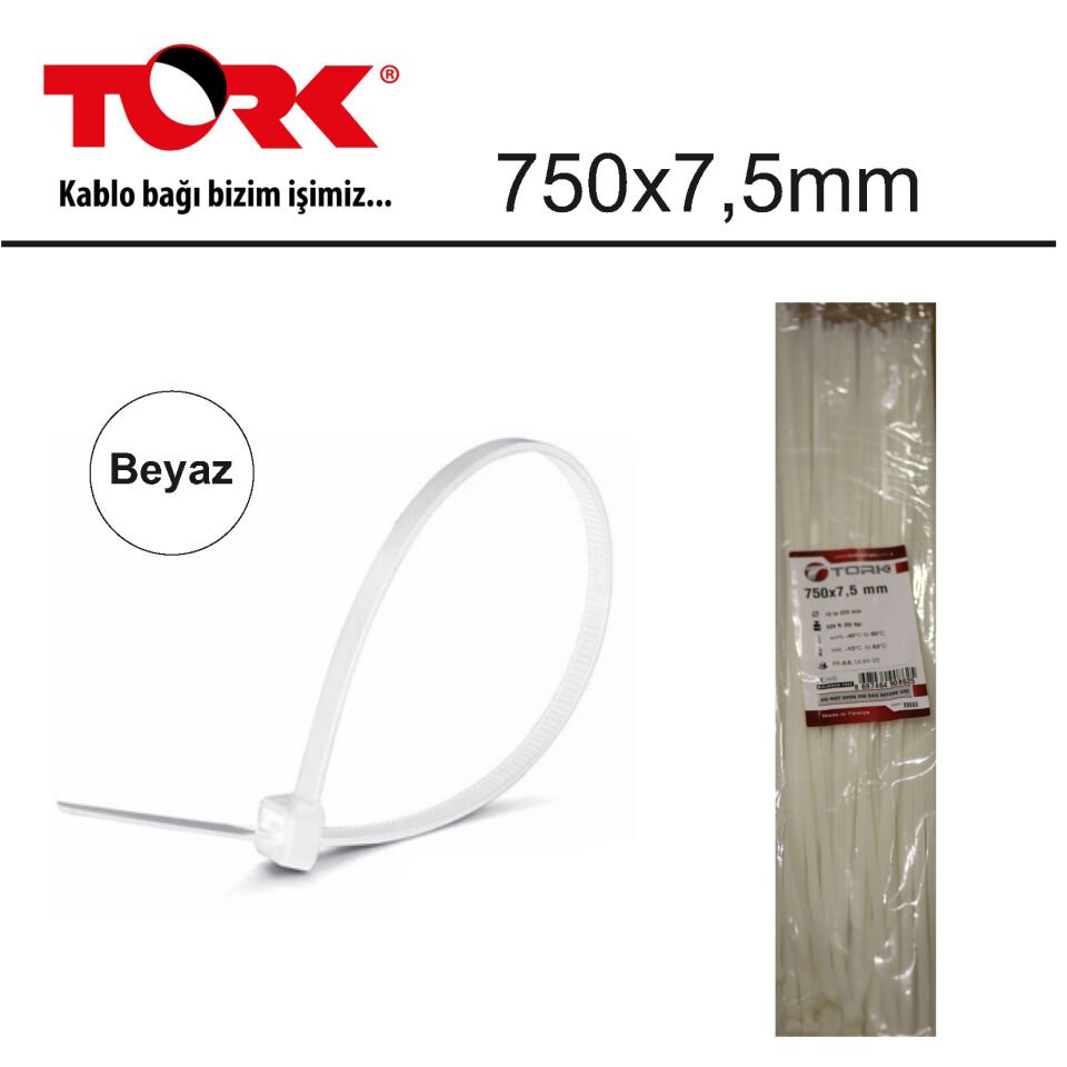 Tork Trk-750-7,5mm Beyaz 100lü Kablo Bağı