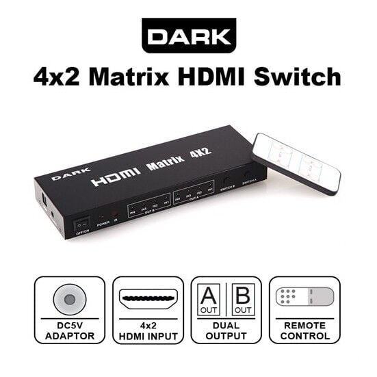 Dark Dk-hd-sw4x2 Full Hd 4 Giriş 2 Çıkışlı 4x2 Matrix Uzaktan Kumandalı Hdmi Switch
