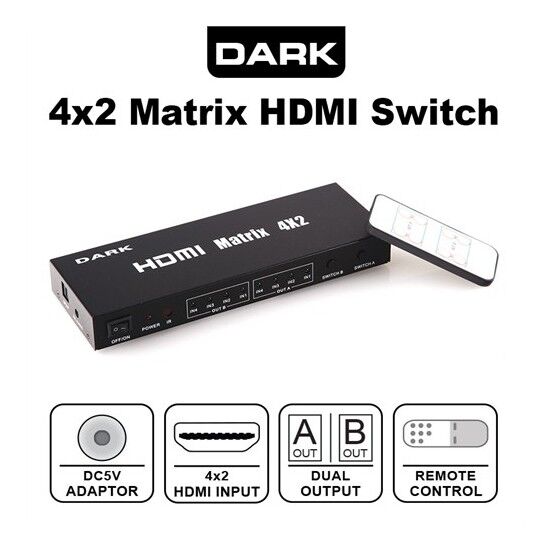Dark Dk-hd-sw4x2 Full Hd 4 Giriş 2 Çıkışlı 4x2 Matrix Uzaktan Kumandalı Hdmi Switch