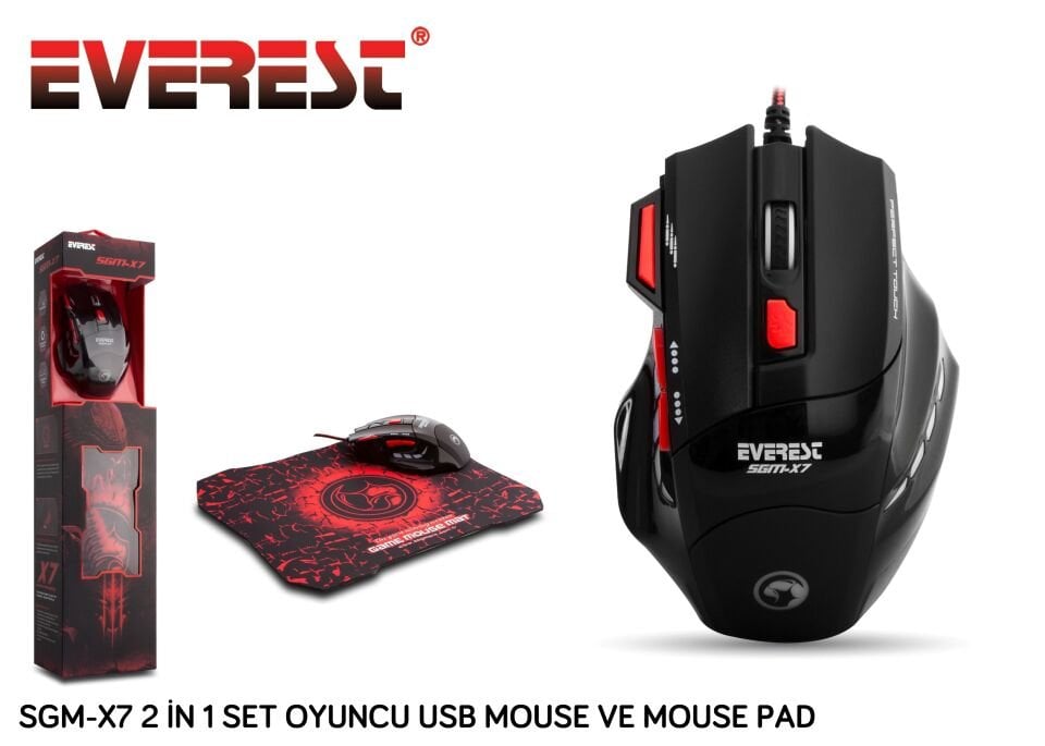 Everest Sgm-x7 Usb Siyah Makrolu 7200dpi Oyuncu Mouse +gaming Mouse Pad