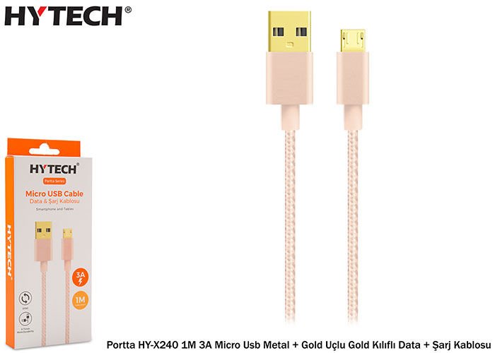 Hytech Portta Hy-x240 1m 3a Micro Usb Kılıflı Gold Data + Şarj Kablosu