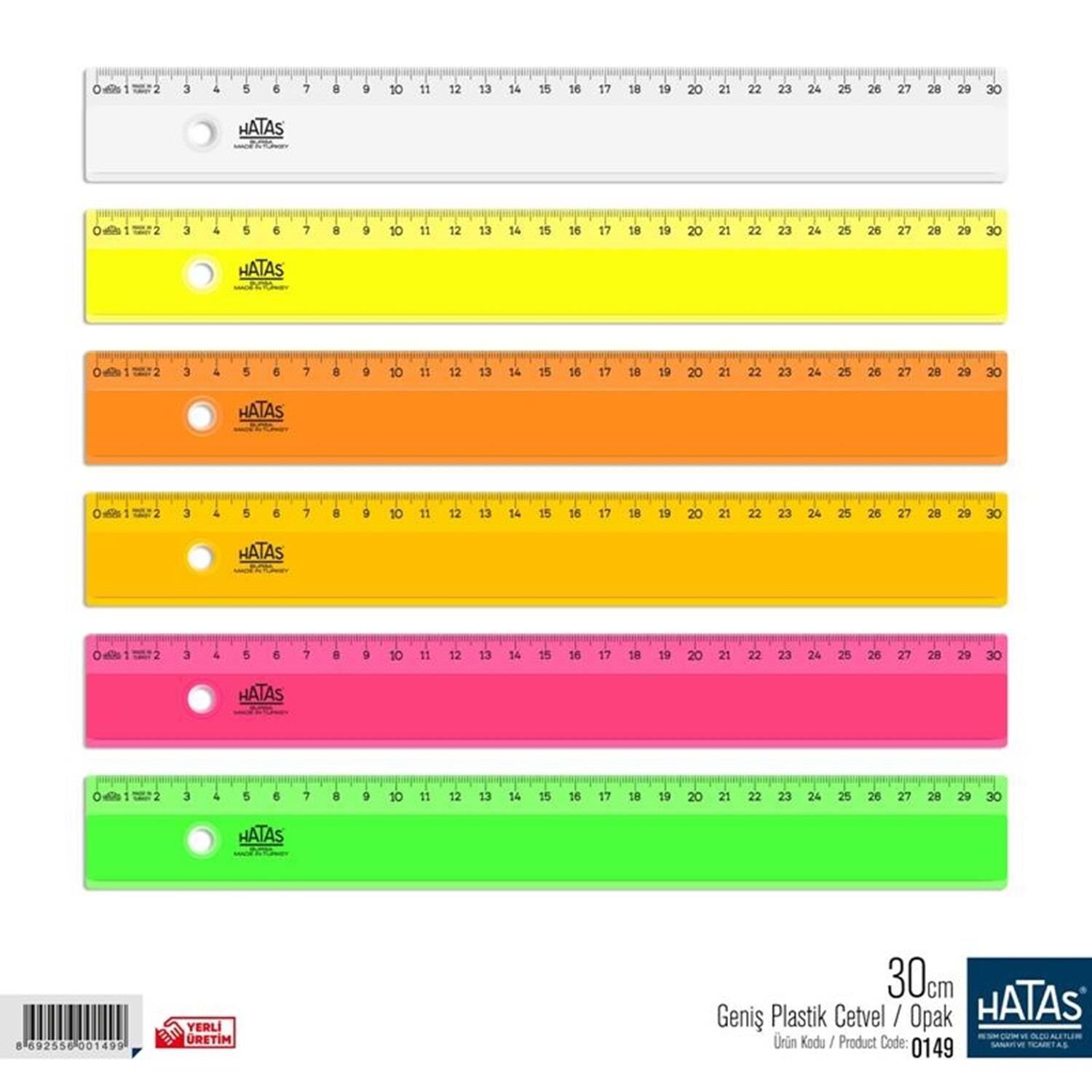 Hatas Geniş Plastik Cetvel Opak Renkli 30 Cm. 0149