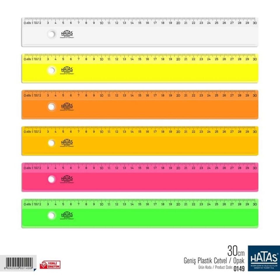 Hatas Geniş Plastik Cetvel Opak Renkli 30 Cm. 0149