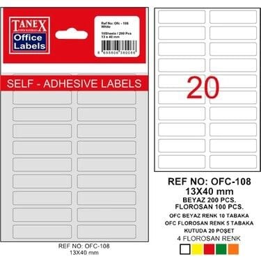 Tanex Ofis Etiketi Poşetli 13x40 Mm 200'lü Beyaz Ofc-108