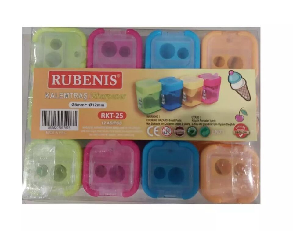 Rubenis 4 Renkli Şeffaf Kapaklı Çift Açacaklı Kare Pvc Paketli Kalemtraş Rkt-25
