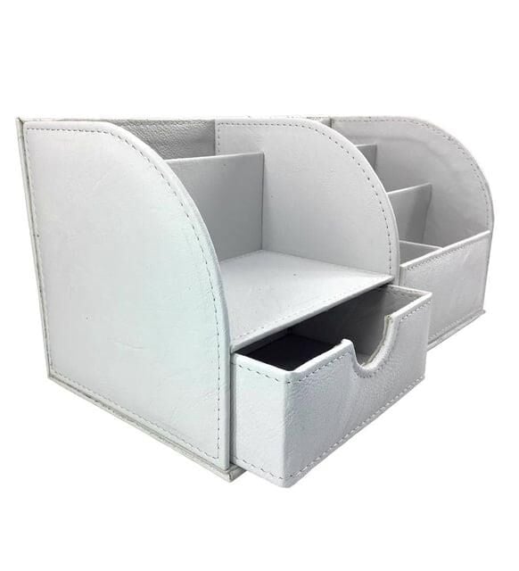 Inn Desing Organizer Deri Çekmeceli 27x15x15 Cm Dokulu Beyaz Dd-1043