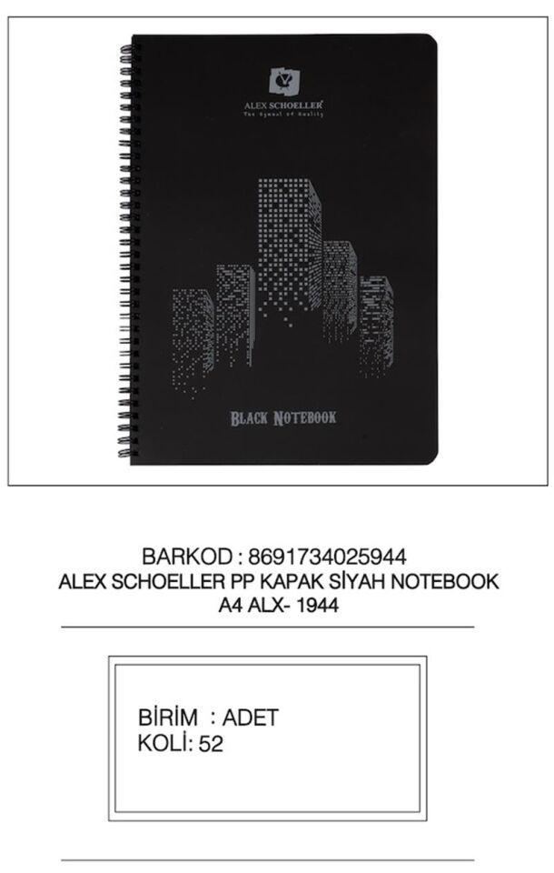 Alex Defter A4 60 Yp. Siyah Pp Kapak Spiralli Alx.1944